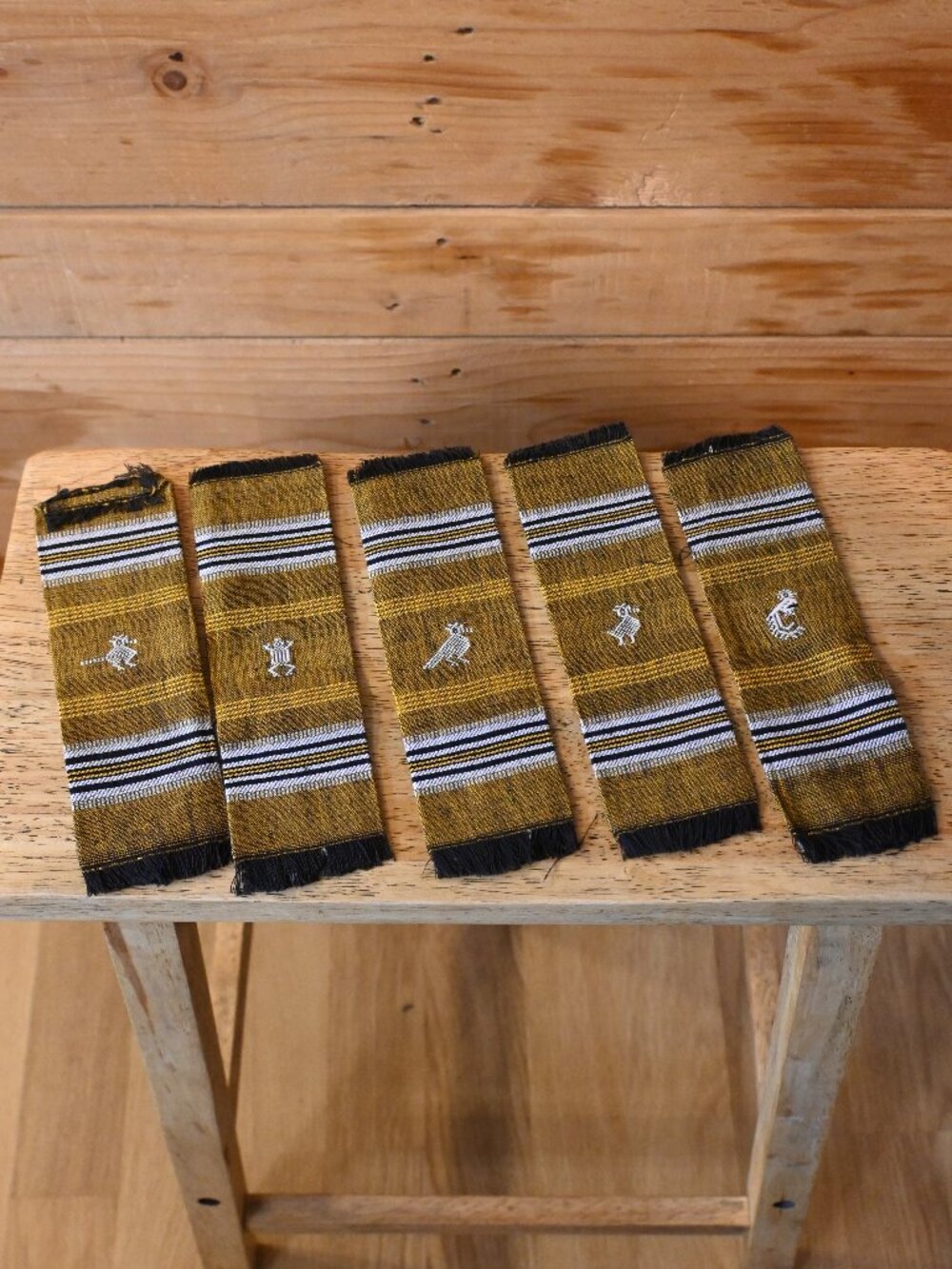Vintage Mexican Handwoven Wool Napkins in Gold and Black - Set of 5